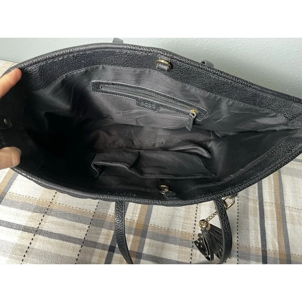 BCBG Women's Black Quilted Faux Leather Tote Bag with Tassel Accent